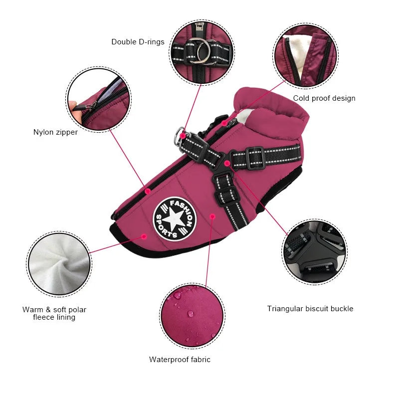 Pet Dog Jacket with Harness Ring Winter Warm Vest Dog Clothes for Small Dog Waterproof Coat Chihuahua French Bulldog Outfits