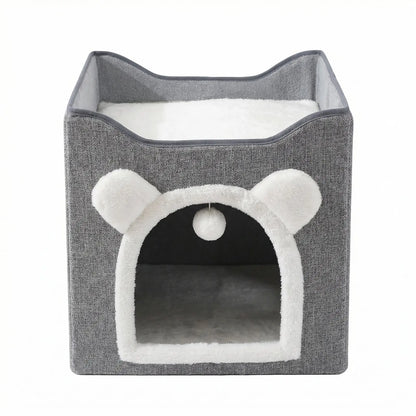 A Cat Bed Suitable for Indoor Cats, with a Large Cat Hole for a Comfortable Apartment, Fluffy Hanging Balls, round Windows, a Foldable Indoor Cat House, Capable of Bearing up to 30 Pounds , with Double-Sided Soft Cushions, Suitable for All Seasons