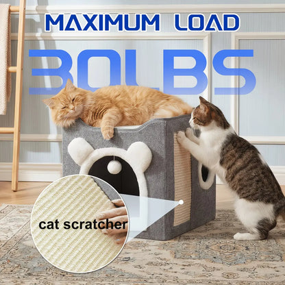 A Cat Bed Suitable for Indoor Cats, with a Large Cat Hole for a Comfortable Apartment, Fluffy Hanging Balls, round Windows, a Foldable Indoor Cat House, Capable of Bearing up to 30 Pounds , with Double-Sided Soft Cushions, Suitable for All Seasons