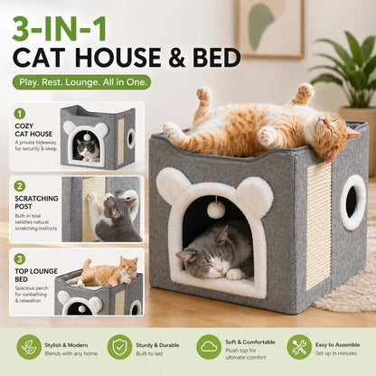 A Cat Bed Suitable for Indoor Cats, with a Large Cat Hole for a Comfortable Apartment, Fluffy Hanging Balls, round Windows, a Foldable Indoor Cat House, Capable of Bearing up to 30 Pounds , with Double-Sided Soft Cushions, Suitable for All Seasons