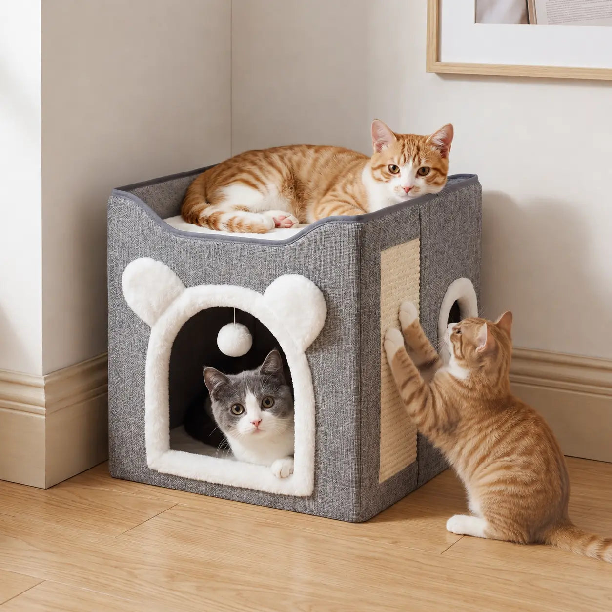 A Cat Bed Suitable for Indoor Cats, with a Large Cat Hole for a Comfortable Apartment, Fluffy Hanging Balls, round Windows, a Foldable Indoor Cat House, Capable of Bearing up to 30 Pounds , with Double-Sided Soft Cushions, Suitable for All Seasons