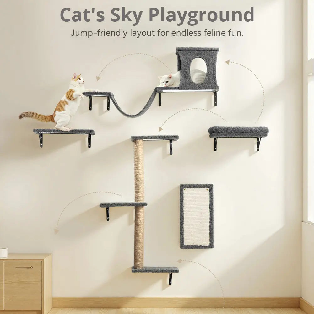 CAVEEN 5 in 1 Cat Climbing Set, Wall Furniture, Cat Wall Shelves Perches Set, Sleeping Playing Lounging Climbing Wall-Mounted Cat Tree House for Multiple Cats, Wall Mounted Cat Climber Set