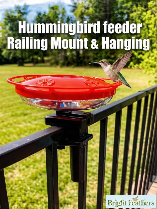 Hummingbird Feeder Railing Mount or Hanging for Deck/Porch/Balcony 14Oz Nectar Feeding Bowl with 5 Ports & 3" Clamp and Metal Hook