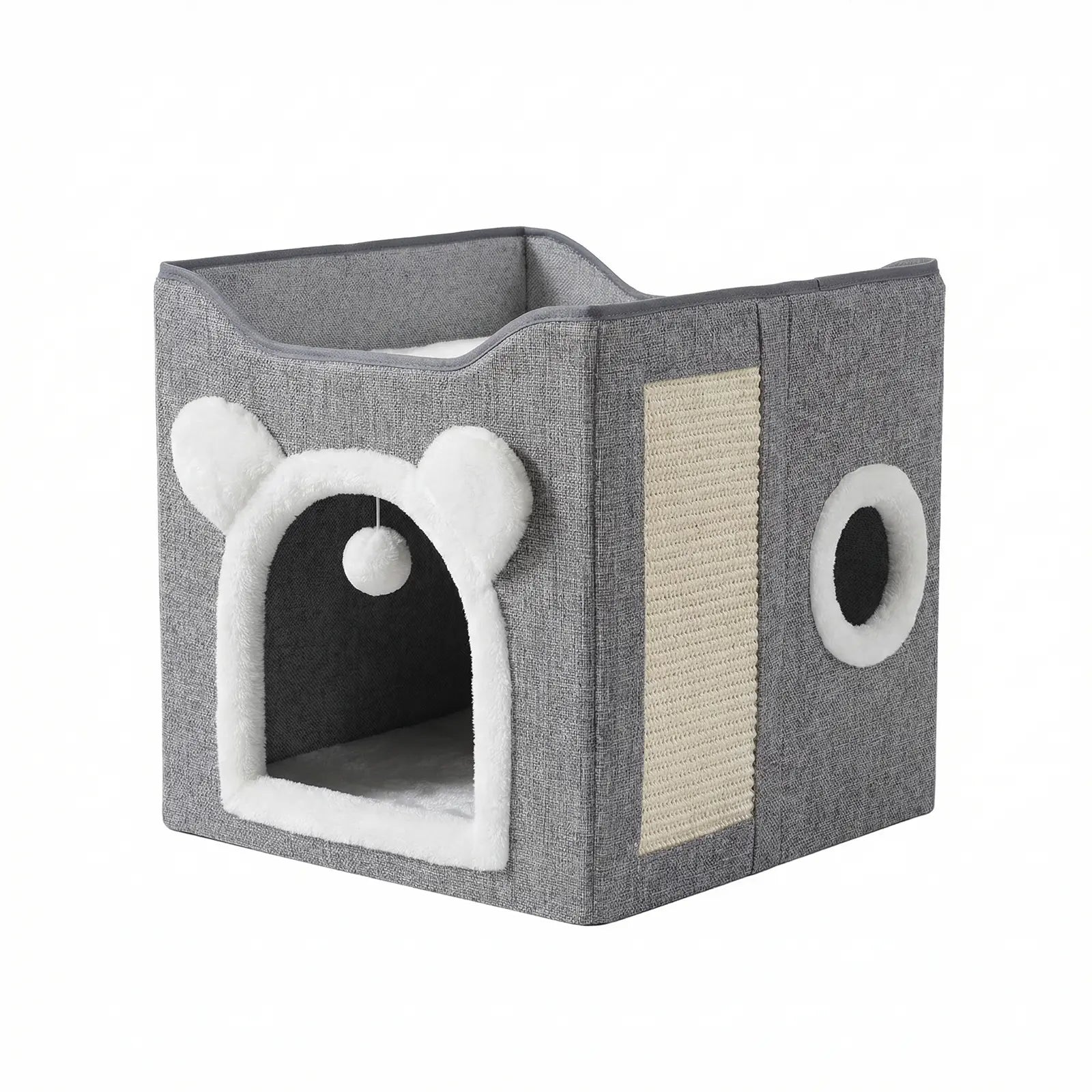A Cat Bed Suitable for Indoor Cats, with a Large Cat Hole for a Comfortable Apartment, Fluffy Hanging Balls, round Windows, a Foldable Indoor Cat House, Capable of Bearing up to 30 Pounds , with Double-Sided Soft Cushions, Suitable for All Seasons