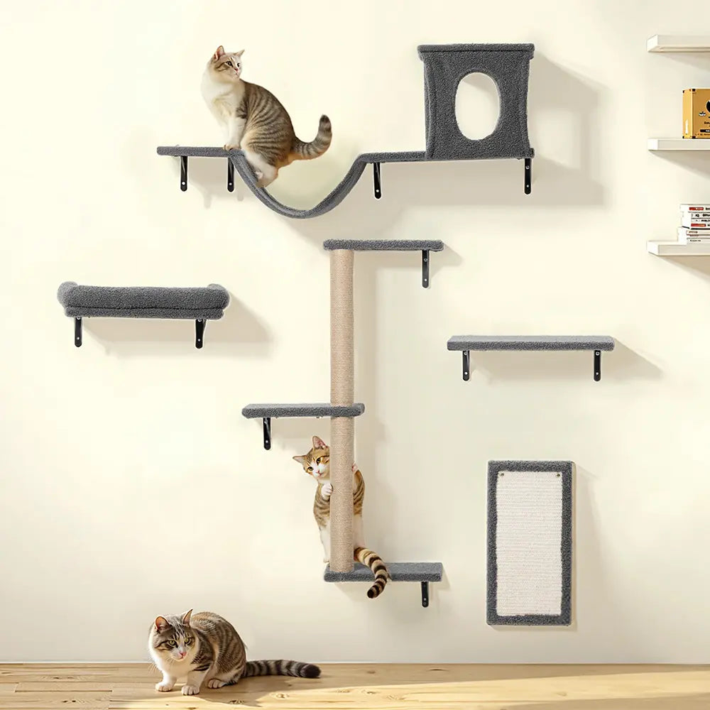CAVEEN 5 in 1 Cat Climbing Set, Wall Furniture, Cat Wall Shelves Perches Set, Sleeping Playing Lounging Climbing Wall-Mounted Cat Tree House for Multiple Cats, Wall Mounted Cat Climber Set