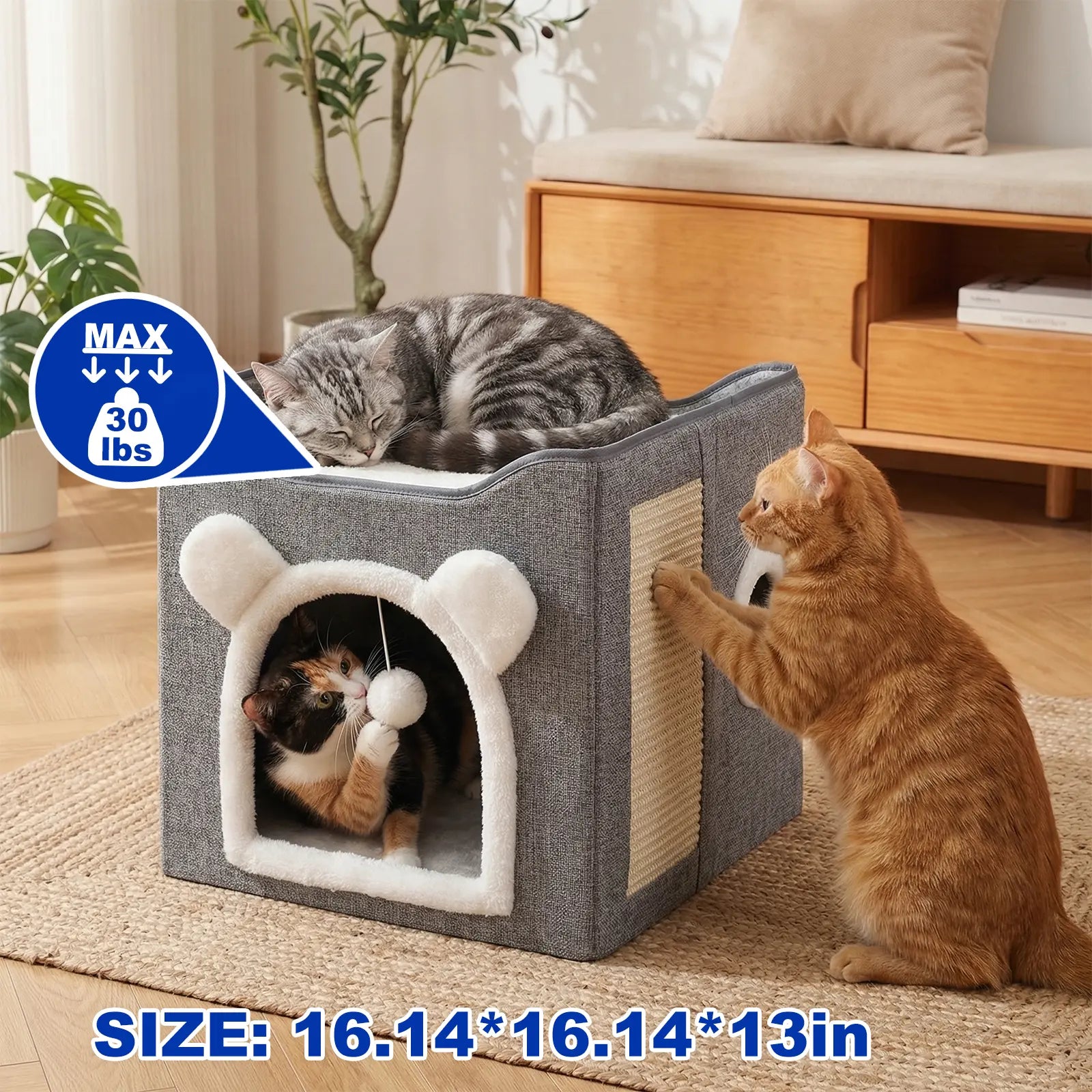 A Cat Bed Suitable for Indoor Cats, with a Large Cat Hole for a Comfortable Apartment, Fluffy Hanging Balls, round Windows, a Foldable Indoor Cat House, Capable of Bearing up to 30 Pounds , with Double-Sided Soft Cushions, Suitable for All Seasons
