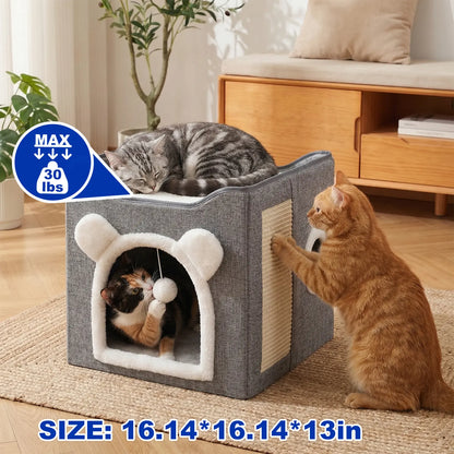 A Cat Bed Suitable for Indoor Cats, with a Large Cat Hole for a Comfortable Apartment, Fluffy Hanging Balls, round Windows, a Foldable Indoor Cat House, Capable of Bearing up to 30 Pounds , with Double-Sided Soft Cushions, Suitable for All Seasons