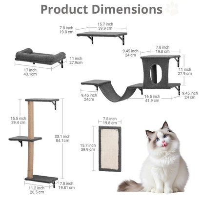 CAVEEN 5 in 1 Cat Climbing Set, Wall Furniture, Cat Wall Shelves Perches Set, Sleeping Playing Lounging Climbing Wall-Mounted Cat Tree House for Multiple Cats, Wall Mounted Cat Climber Set