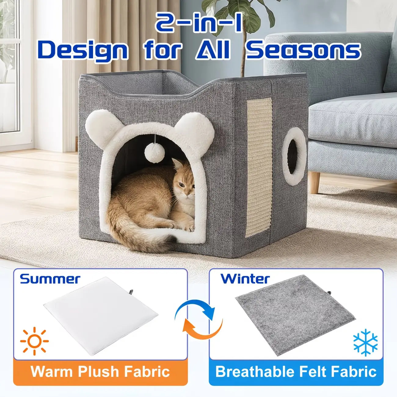 A Cat Bed Suitable for Indoor Cats, with a Large Cat Hole for a Comfortable Apartment, Fluffy Hanging Balls, round Windows, a Foldable Indoor Cat House, Capable of Bearing up to 30 Pounds , with Double-Sided Soft Cushions, Suitable for All Seasons
